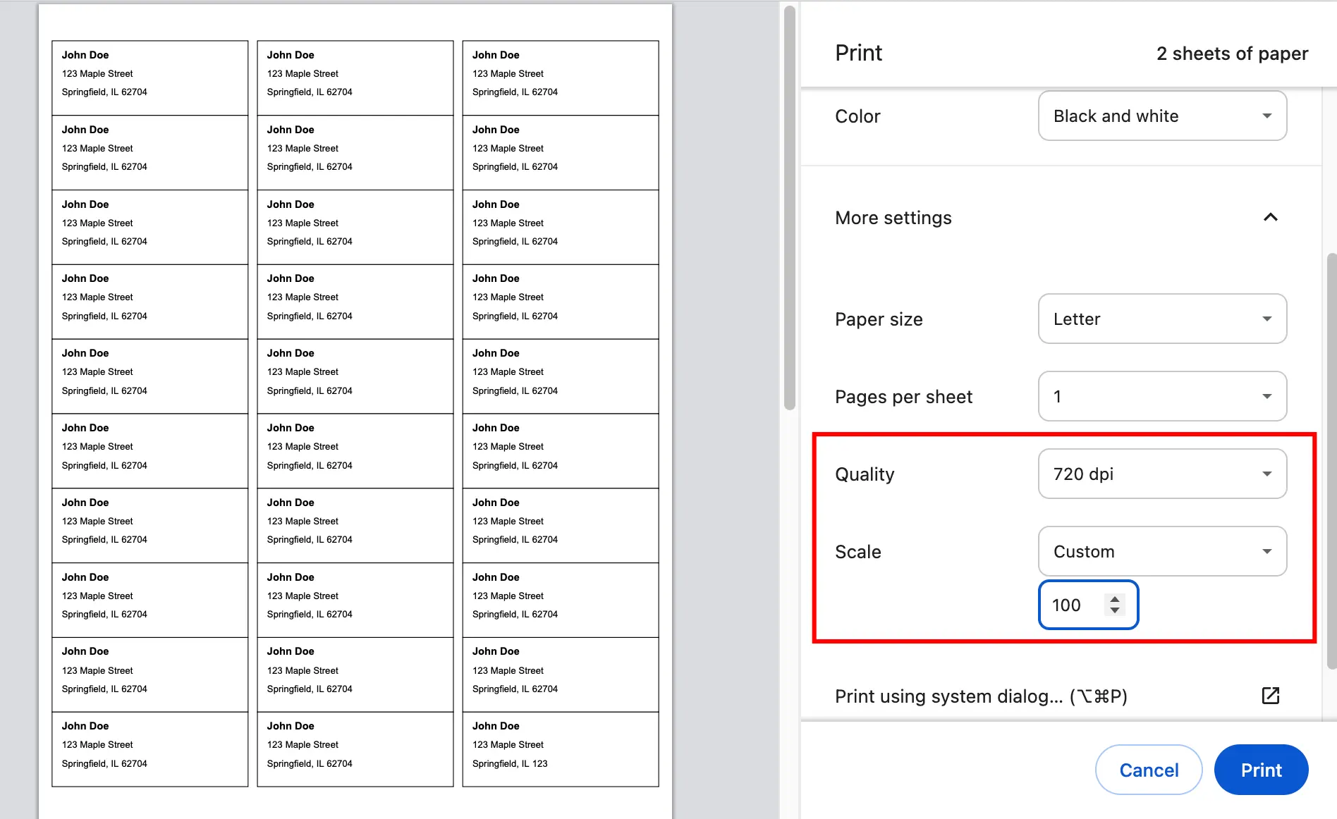 Screenshot of Mac and Windows print dialogs highlighting the "100%"