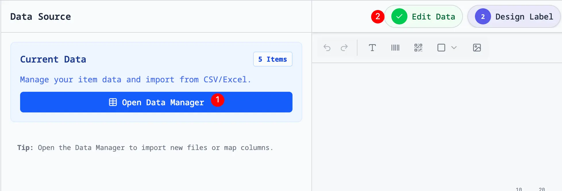 Importing spreadsheet rows into the label designer