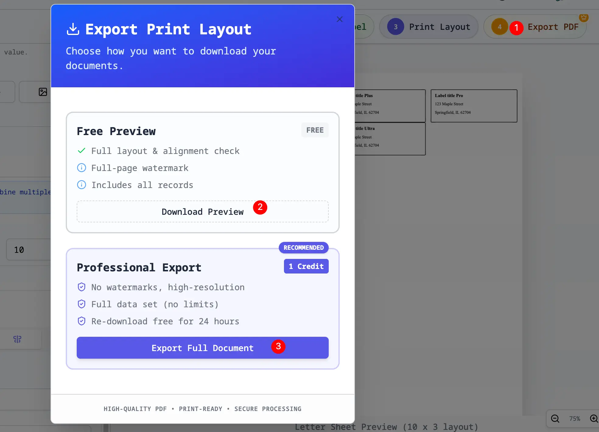 Exporting a print-ready PDF from the label designer