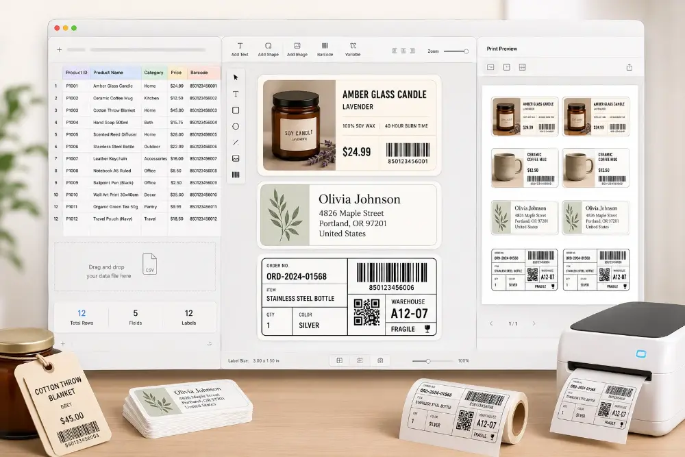 Mac label editor with spreadsheet data, label design, and print preview
