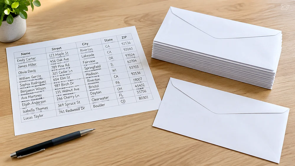 Printed address spreadsheet next to blank envelopes