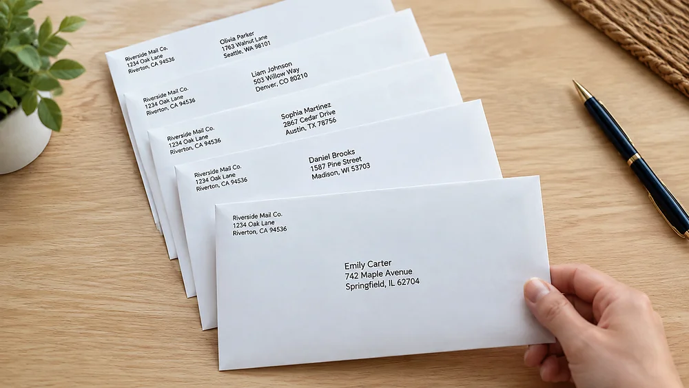 Fanned envelopes each showing a different printed recipient address