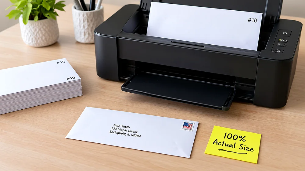 Printer feeding a #10 envelope with Actual Size print tip